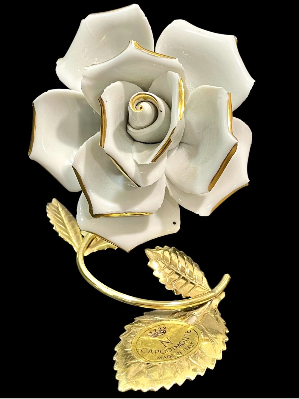 Vintage 1960s Capodimonte Italy Porcelain Rose with Golden Metal Base and Trim